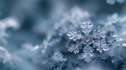 Delicate macro snowflake in icy blue atmosphere. perfect for winter branding, holiday graphics and elegant seasonal design.