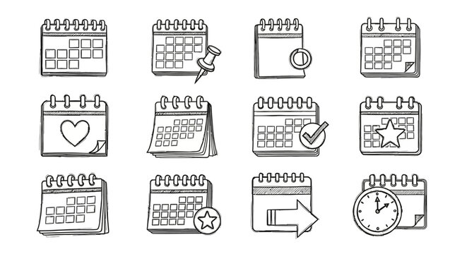 Hand drawn calendar icon set with decorative elements and sketch style icons