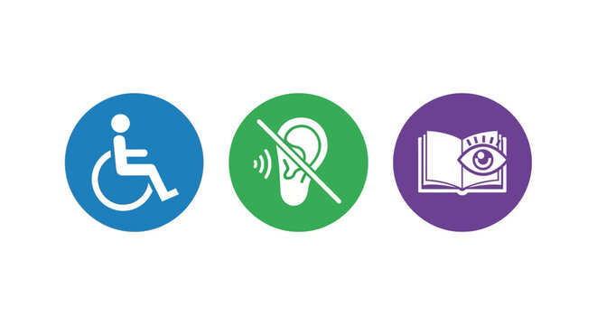 Accessibility symbols: wheelchair, hearing impairment, vision impairment icons