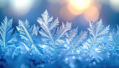 Close Up Of Intricate Frost Patterns On A Cold Blue Background With Soft Yellow Sunlight Bokeh Effect