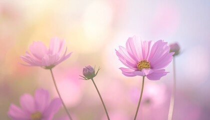 Close Up Of Pink Cosmos Flowers Blooming In Soft Sunlight With Bokeh Background