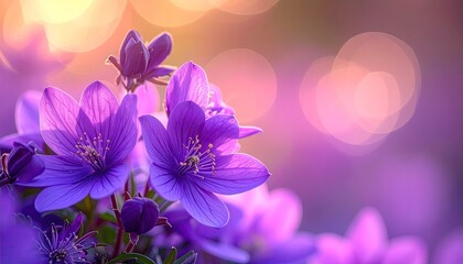 Close up of purple azalea flowers with delicate petals and yellow stamen against a soft orange sky bokeh background during golden hour lighting