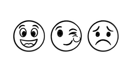 Set of hand-drawn emotive faces with happy, winking, and sad expressions