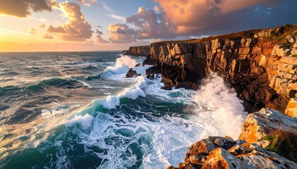 Dramatic Ocean Waves Crashing Against Rocky Cliffs at Sunset With Golden Light and Textured Clouds Over Water