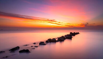 Dramatic Sunset Sky Over Calm Ocean Water with Jagged Rocks Emerging from the Sea and Streaks of Light and Clouds
