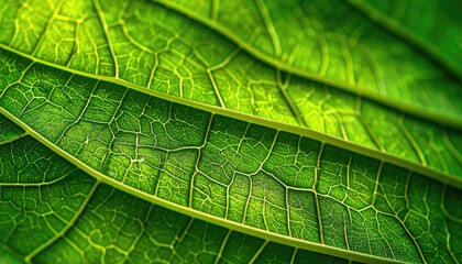 Extreme Close Up Of A Vibrant Green Leaf Showing Intricate Veins And Texture With Bright Sunlight Backlighting The Natural Pattern