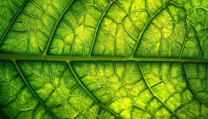 Extreme Close Up Macro of a Vibrant Green Leaf Vein Structure Illuminated by Backlighting Showing Intricate Network Pattern of Nature Cell Biology Plant Detail