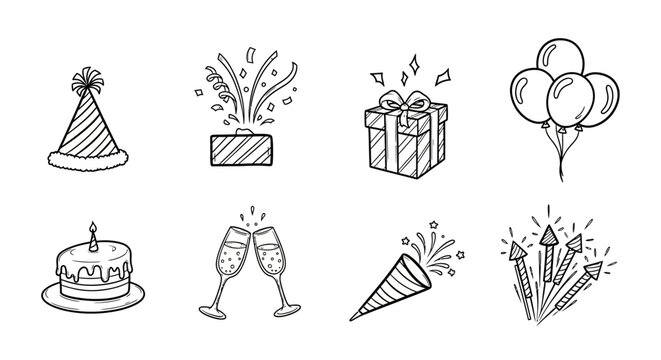 Festive celebration icons: party hats, balloons, gifts, and more in black and white doodle art