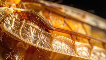 Extreme Macro Close up of a Large Insect Wing with Intricate Yellow and Black Scale Patterns and Detailed Textures in Diffused Natural Light