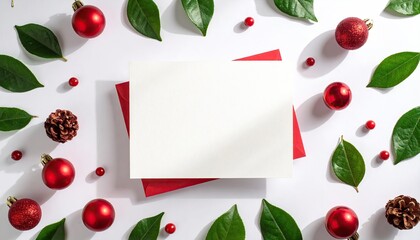 Festive Overhead Flat Lay of Red Christmas Ornaments Green Leaves and a Blank Card on a White Background with Soft Sunlight Shadows