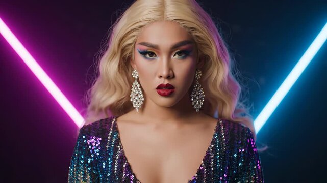 A glamorous Asian drag queen with a blonde wig and sequin dress poses fiercely with confidence and style between two bright pink and blue neon lights