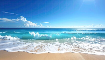 Golden Hour Beach Scene with Gentle Waves and Sandy Shore Under a Bright Blue Sky with Sun Flare