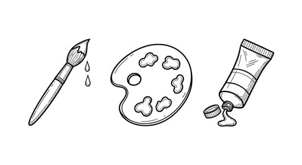 Art supplies sketch: brush, palette, and paint tube in minimalist design