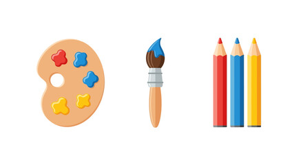 Creative art tools with paint palette, brush, and colored pencils on white background