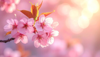 Close up macro shot of delicate pink cherry blossoms in soft warm sunlight with a gentle bokeh background and warm golden light illuminating the scene
