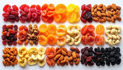 Assortment of Dried Fruits and Nuts in Rows on a White Background Featuring Red Cherries Orange Slices Apricots and Assorted Nuts in Warm Sunlight