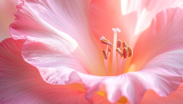Extreme Macro Close Up of a Pink Gladiolus Flower with Dew Drops and Soft Natural Sunlight Highlighting Intricate Petal Texture and Stamens