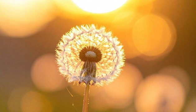 Close up of a dandelion seed head illuminated by a golden sunset creating a bokeh effect on a warm summer evening outdoors