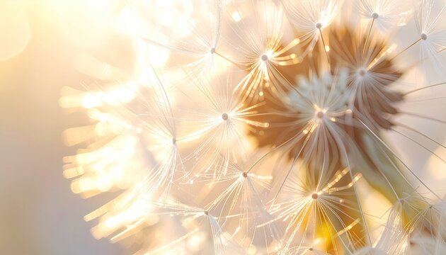 Close up of a dandelion seed head with dew drops sparkling in the golden sunlight creating a magical bokeh effect - Powered by Adobe