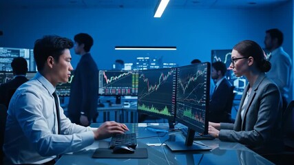 Team of financial analysts in a modern control room collaborating on an innovative interface design for stock market data visualization - Powered by Adobe