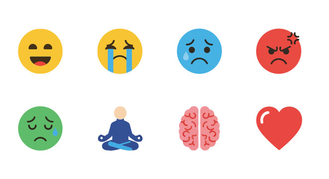 Colorful emotional icons set featuring smiley faces and symbols
