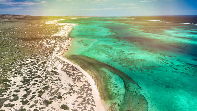 Fototapeta Panoramic aerial view of Osprey Bay WA with boats, reef, and scenic shoreline under bright sunlight