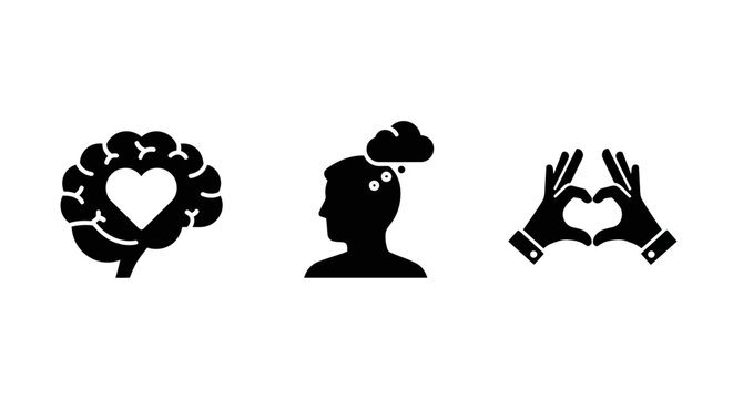 Silhouette icons of love in brain, mind, and hands