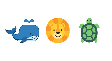 Cute animal icons featuring lion, whale, and turtle in flat design