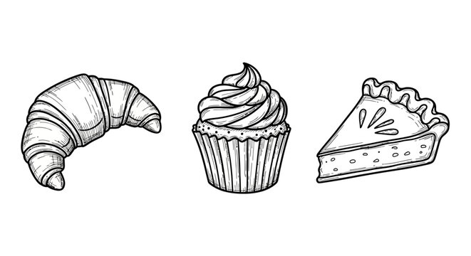 Hand drawn bakery delights: croissant, cupcake, and pie sketch