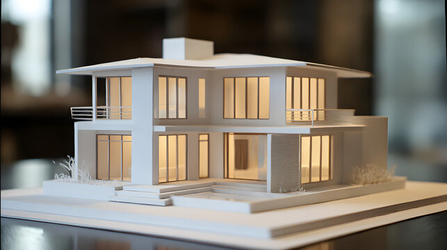 Architectural Model: A pristine architectural model showcases a modern house, a testament to design and engineering, exuding a sense of meticulous planning and anticipation. 