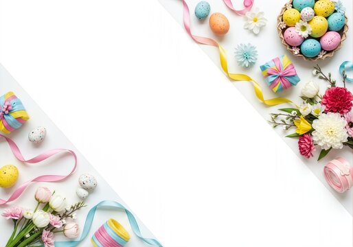 Vibrant Easter flat lay featuring speckled eggs, pastel flowers, and bright ribbons creating a decorative diagonal border with white copy space on a light background.
