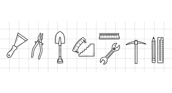 Outline tools set on grid background for construction and gardening projects