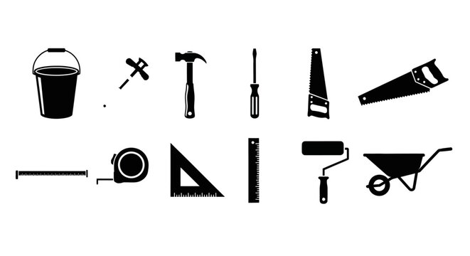 Essential tools silhouette set: hammer, screwdriver, saw, and more