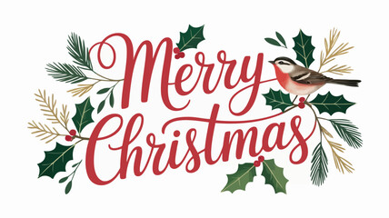 Charming robin bird perched on holly branch with merry christmas script and festive greenery