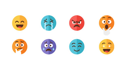 Obraz premium Colorful emoji set displaying various expressions in flat design style