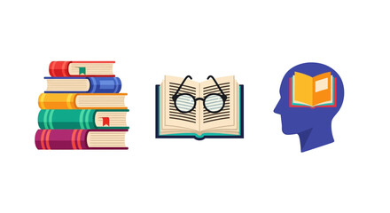 Colorful book icons with brain connection and reading concept in modern flat design