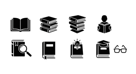 Collection of book and reading icons in black silhouette style