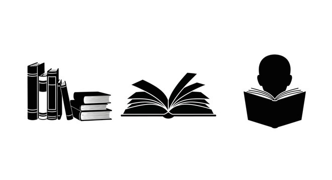 Minimalist book silhouettes with reading person and stack of books - Powered by Adobe