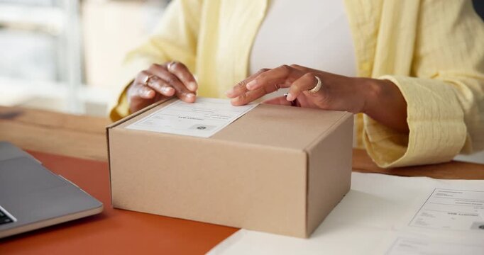 Box, hands and label with woman in logistics office for shipping agenda or schedule. Laptop, order tracking and package with employee person in distribution depot for supply chain management