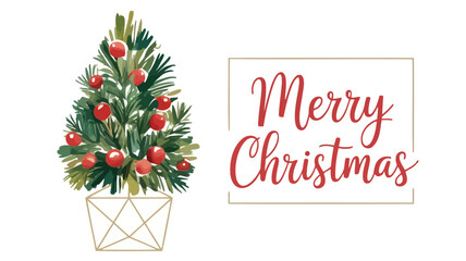 Watercolor christmas tree with red berries and elegant merry christmas greeting in a frame