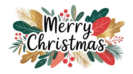 Obraz premium Merry christmas greeting text surrounded by festive foliage and red berries in a modern flat design