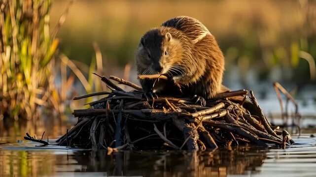 A medium shot of a nutria (coypu) sitting on its den made of sticks in a wetland or swamp at sunset. Wildlife, nature, and animal behavior in natural habitat.