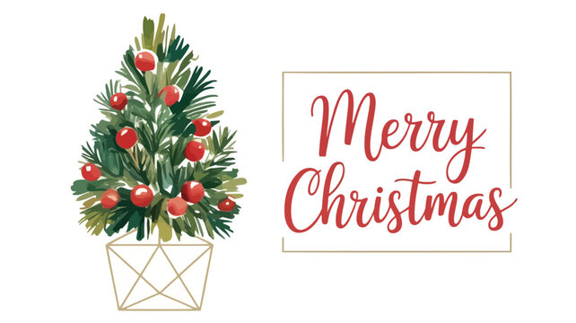 Watercolor christmas tree with red berries and elegant merry christmas greeting in a frame
