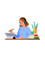 Girl Listening to Audio Lessons – Flat Vector Design
