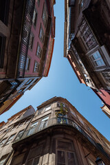 Center of the city of Porto, Portugal, with a blue sky in background.
