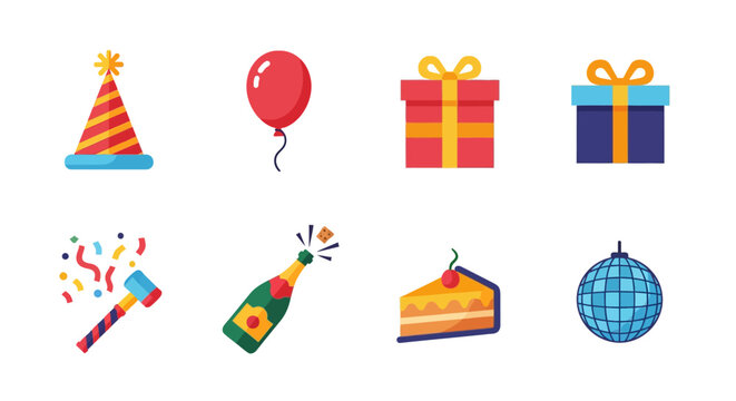 Colorful party icons: celebration hat, balloon, gift, cake, and more