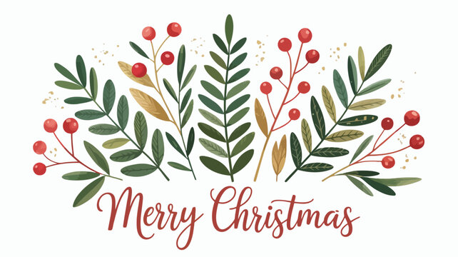 Elegant merry christmas greeting card with festive winter foliage and red berries on white background - Powered by Adobe