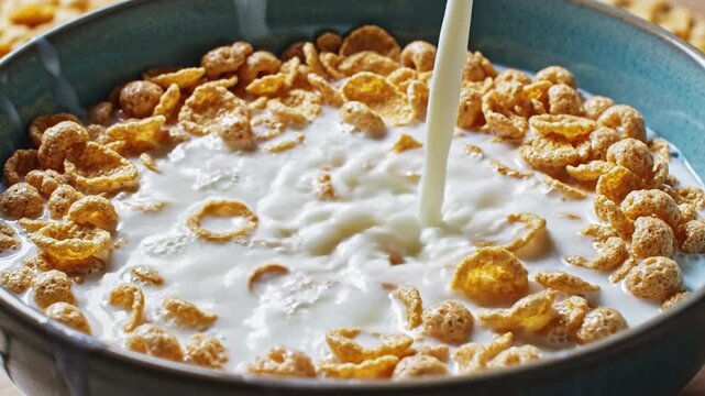 Crispy cereal flakes in blue bowl with milk create delightful breakfast scene, offering healthy start to morning with creamy texture and satisfying crunch in every bite