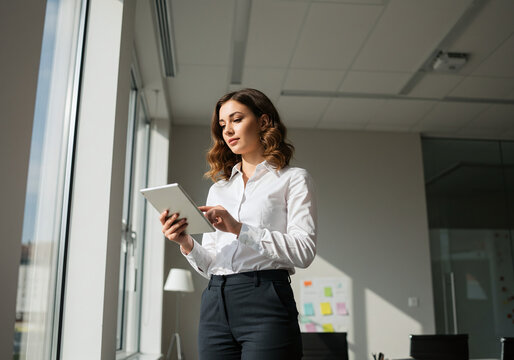 Professional woman with tablet in office, natural light. Suitable for business websites, technology blogs, and corporate presentations. Bright and modern setting.