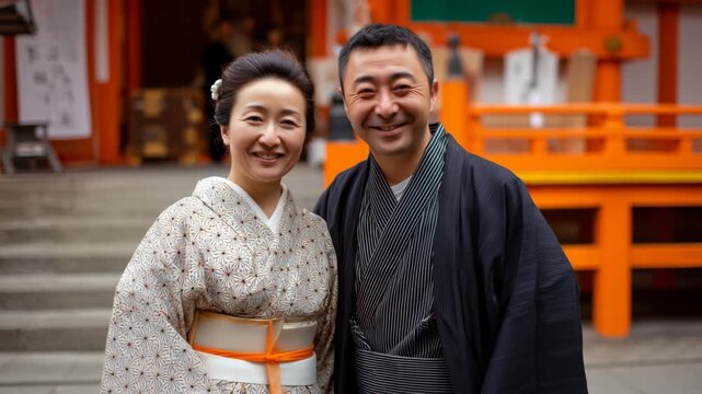 女性が小紋と羽織に着替え男性が縞の角帯と角袖羽織で神社前に並ぶ